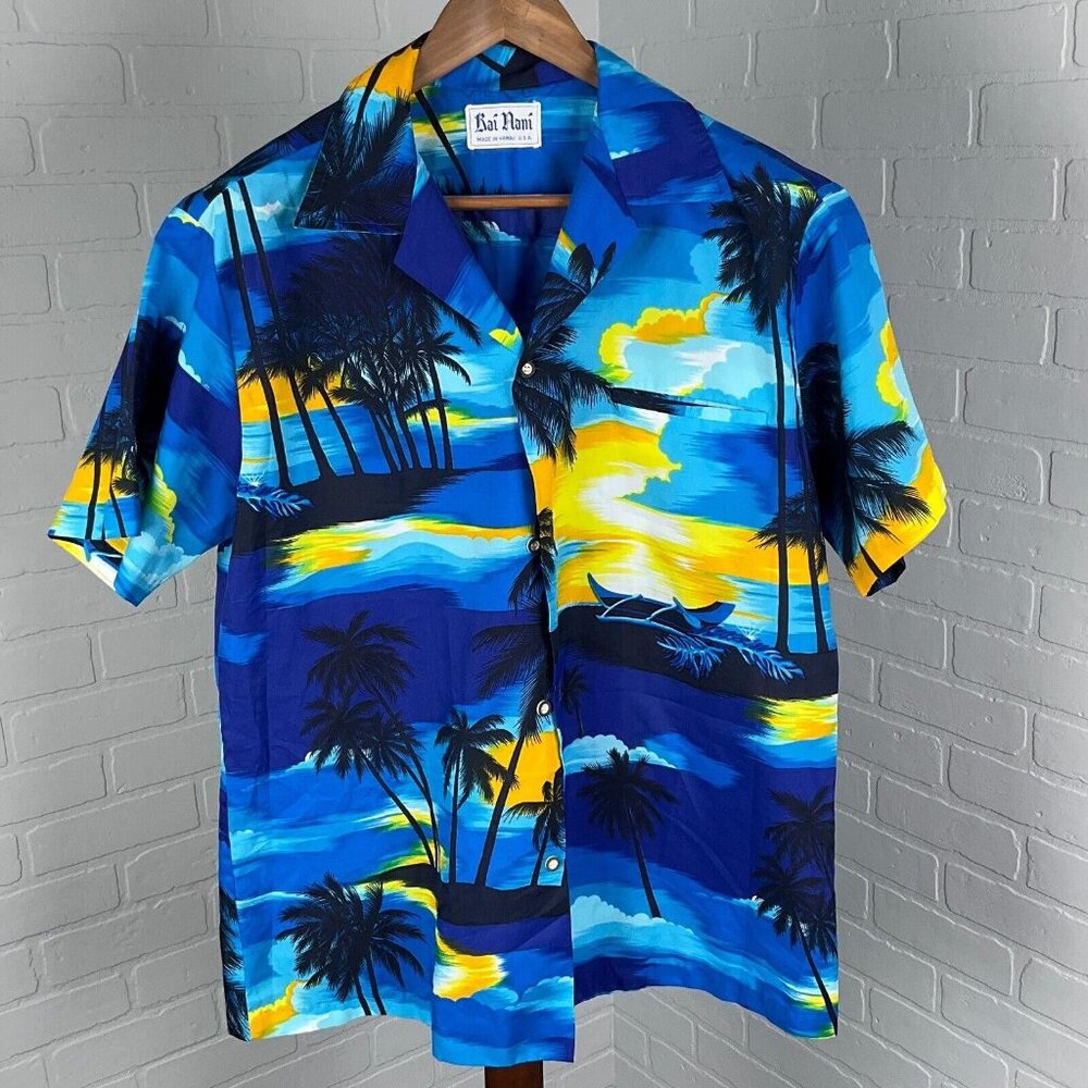 Rai Nani Shirt Men XLarge Blue Yellow Hawaiian Palm Aloha Camp Sun Palm Boat VTG